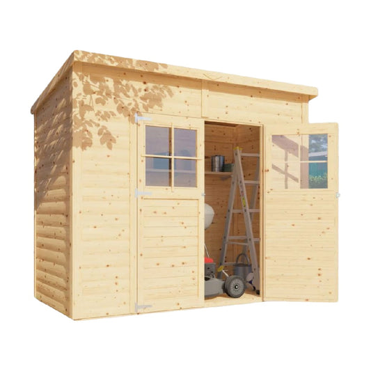 Abri de jardin en bois naturel, double porte vitrée, toit plat, rangement extérieur